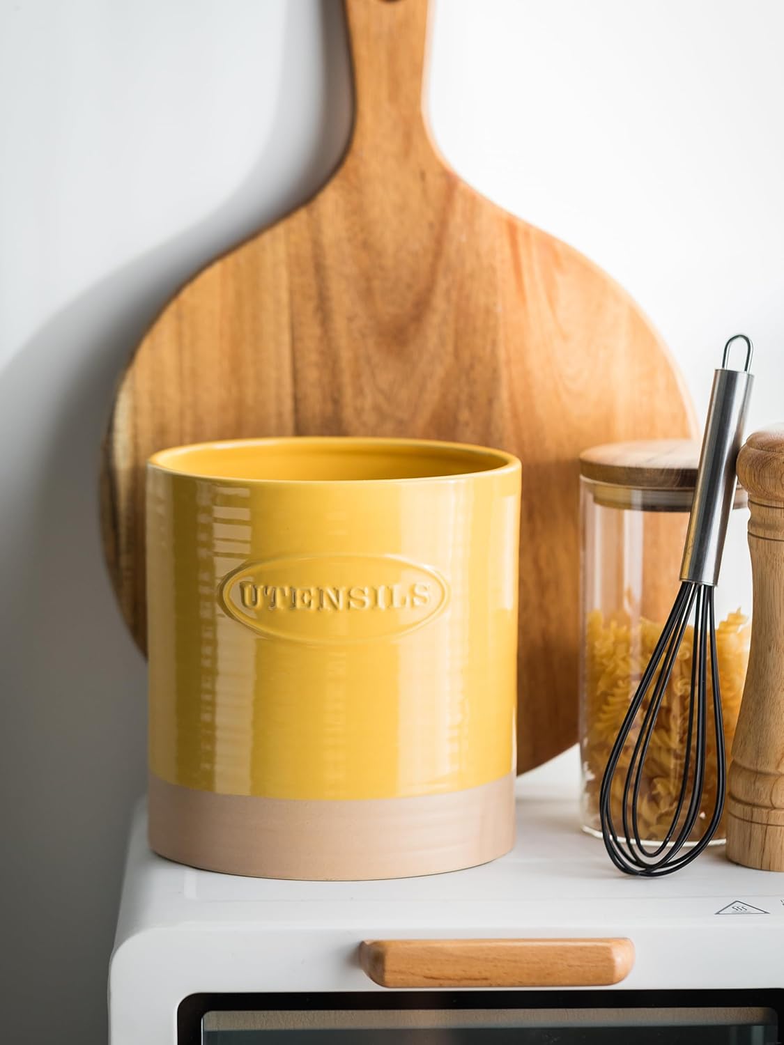 Kitchen Utensil Holder, Ceramic Utensil Holder for Kitchen Counter | 6.7" Large Cooking Utensil Crock for Spatulas,Spoons, Farmhouse Utensil Organizer Storage, Oval Opening, Two-Tone, Green
