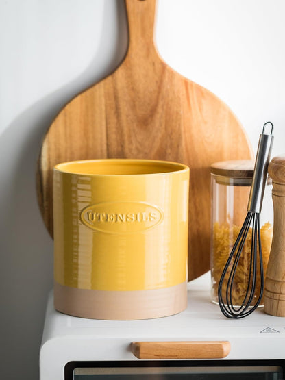 Kitchen Utensil Holder, Ceramic Utensil Holder for Kitchen Counter | 6.7" Large Cooking Utensil Crock for Spatulas,Spoons, Farmhouse Utensil Organizer Storage, Oval Opening, Two-Tone, Green