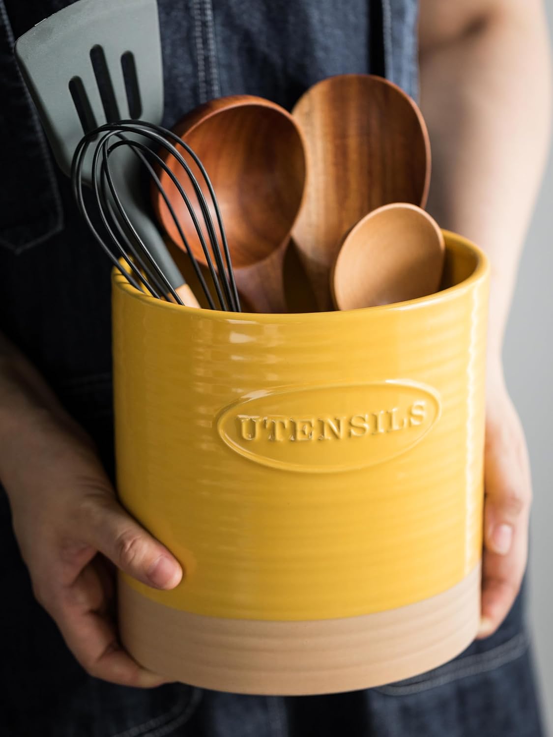 Kitchen Utensil Holder, Ceramic Utensil Holder for Kitchen Counter | 6.7" Large Cooking Utensil Crock for Spatulas,Spoons, Farmhouse Utensil Organizer Storage, Oval Opening, Two-Tone, Green