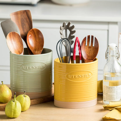 Kitchen Utensil Holder, Ceramic Utensil Holder for Kitchen Counter | 6.7" Large Cooking Utensil Crock for Spatulas,Spoons, Farmhouse Utensil Organizer Storage, Oval Opening, Two-Tone, Green