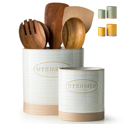 Kitchen Utensil Holder, Ceramic Utensil Holder for Kitchen Counter | 6.7" Large Cooking Utensil Crock for Spatulas,Spoons, Farmhouse Utensil Organizer Storage, Oval Opening, Two-Tone, Green
