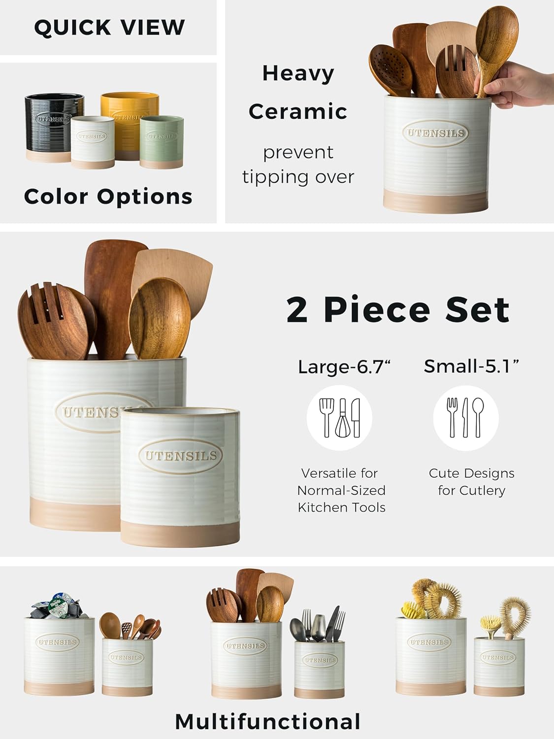 Kitchen Utensil Holder, Ceramic Utensil Holder for Kitchen Counter | 6.7" Large Cooking Utensil Crock for Spatulas,Spoons, Farmhouse Utensil Organizer Storage, Oval Opening, Two-Tone, Green