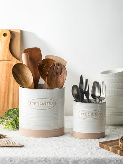 Kitchen Utensil Holder, Ceramic Utensil Holder for Kitchen Counter | 6.7" Large Cooking Utensil Crock for Spatulas,Spoons, Farmhouse Utensil Organizer Storage, Oval Opening, Two-Tone, Green