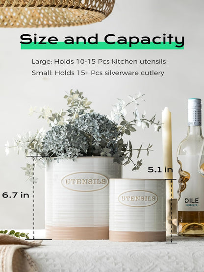 Kitchen Utensil Holder, Ceramic Utensil Holder for Kitchen Counter | 6.7" Large Cooking Utensil Crock for Spatulas,Spoons, Farmhouse Utensil Organizer Storage, Oval Opening, Two-Tone, Green