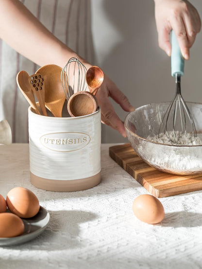 Kitchen Utensil Holder, Ceramic Utensil Holder for Kitchen Counter | 6.7" Large Cooking Utensil Crock for Spatulas,Spoons, Farmhouse Utensil Organizer Storage, Oval Opening, Two-Tone, Green