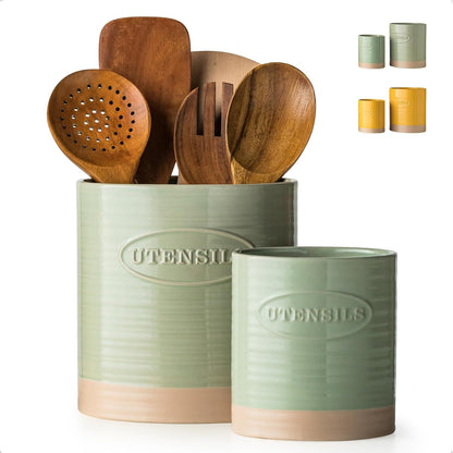 Kitchen Utensil Holder, Ceramic Utensil Holder for Kitchen Counter | 6.7" Large Cooking Utensil Crock for Spatulas,Spoons, Farmhouse Utensil Organizer Storage, Oval Opening, Two-Tone, Green