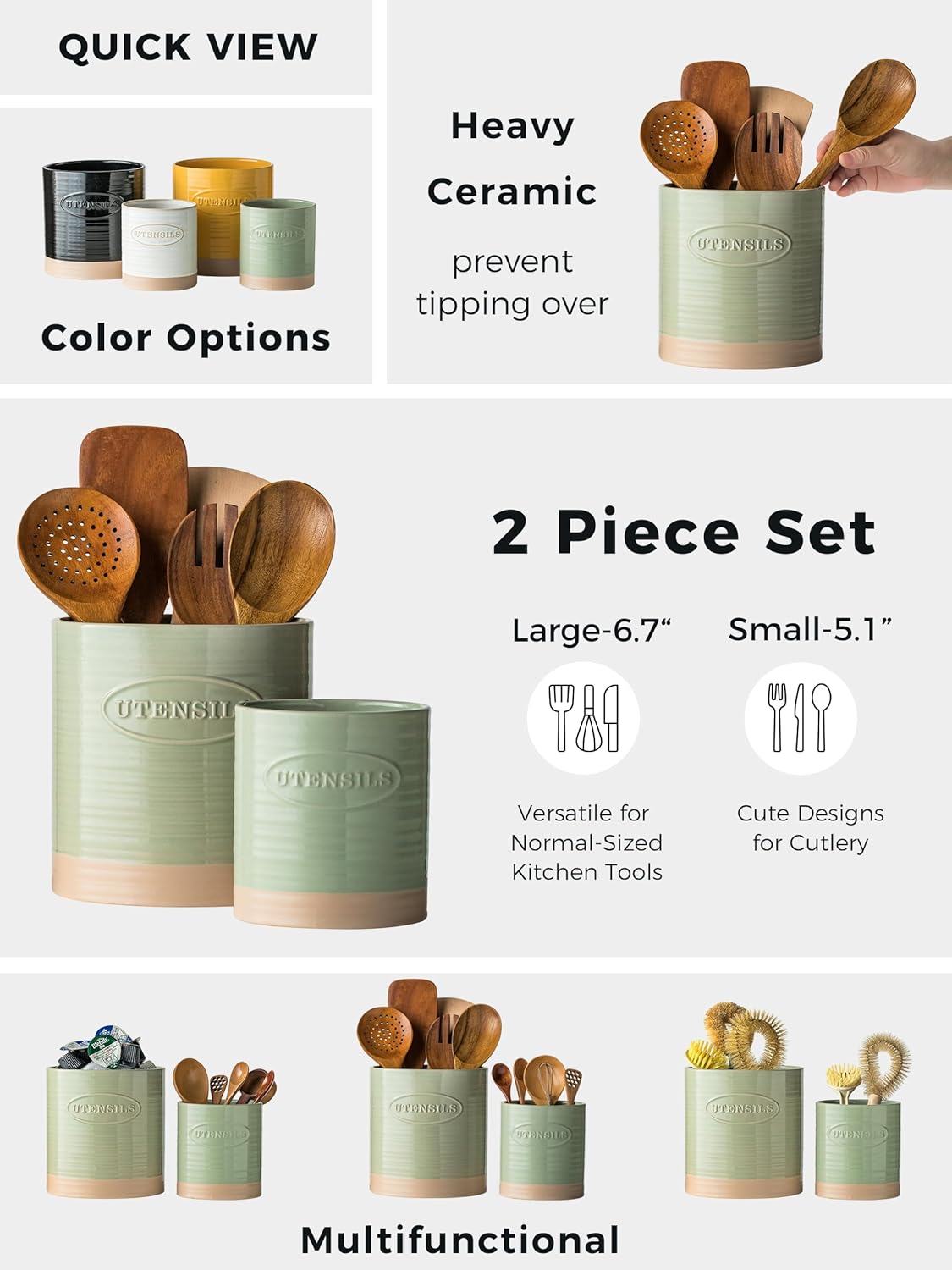 Kitchen Utensil Holder, Ceramic Utensil Holder for Kitchen Counter | 6.7" Large Cooking Utensil Crock for Spatulas,Spoons, Farmhouse Utensil Organizer Storage, Oval Opening, Two-Tone, Green