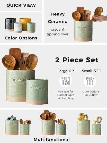Kitchen Utensil Holder, Ceramic Utensil Holder for Kitchen Counter | 6.7" Large Cooking Utensil Crock for Spatulas,Spoons, Farmhouse Utensil Organizer Storage, Oval Opening, Two-Tone, Green