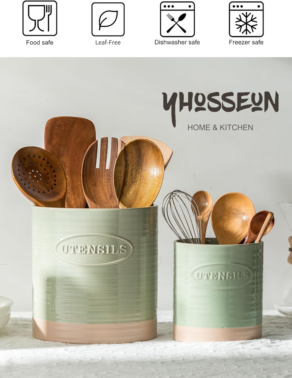 Kitchen Utensil Holder, Ceramic Utensil Holder for Kitchen Counter | 6.7" Large Cooking Utensil Crock for Spatulas,Spoons, Farmhouse Utensil Organizer Storage, Oval Opening, Two-Tone, Green