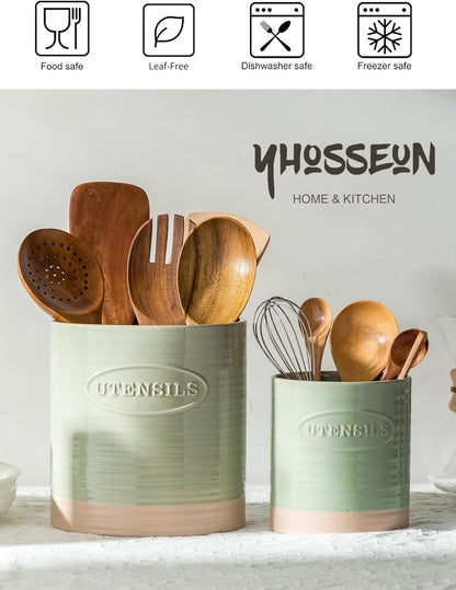 Kitchen Utensil Holder, Ceramic Utensil Holder for Kitchen Counter | 6.7" Large Cooking Utensil Crock for Spatulas,Spoons, Farmhouse Utensil Organizer Storage, Oval Opening, Two-Tone, Green