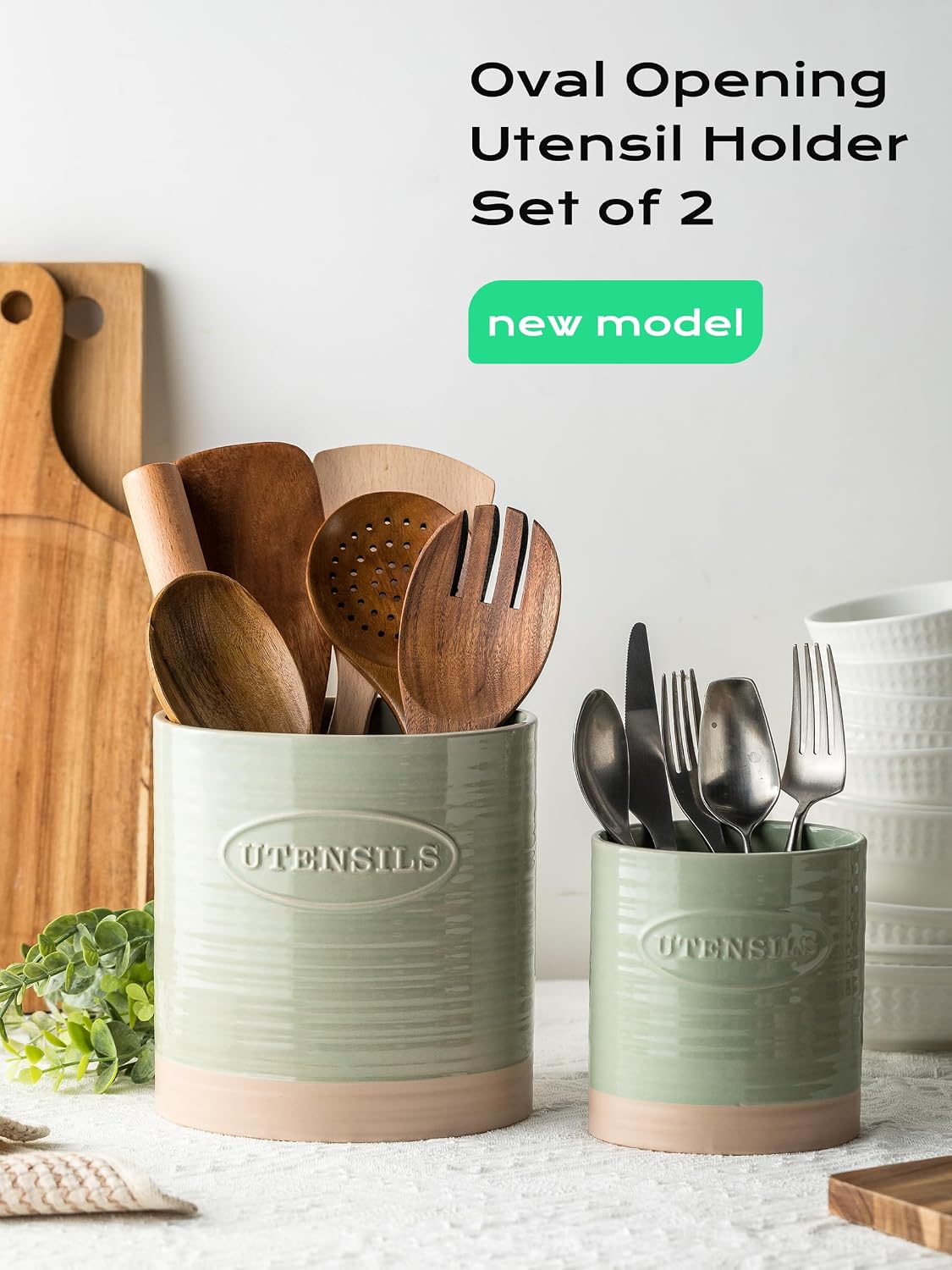 Kitchen Utensil Holder, Ceramic Utensil Holder for Kitchen Counter | 6.7" Large Cooking Utensil Crock for Spatulas,Spoons, Farmhouse Utensil Organizer Storage, Oval Opening, Two-Tone, Green