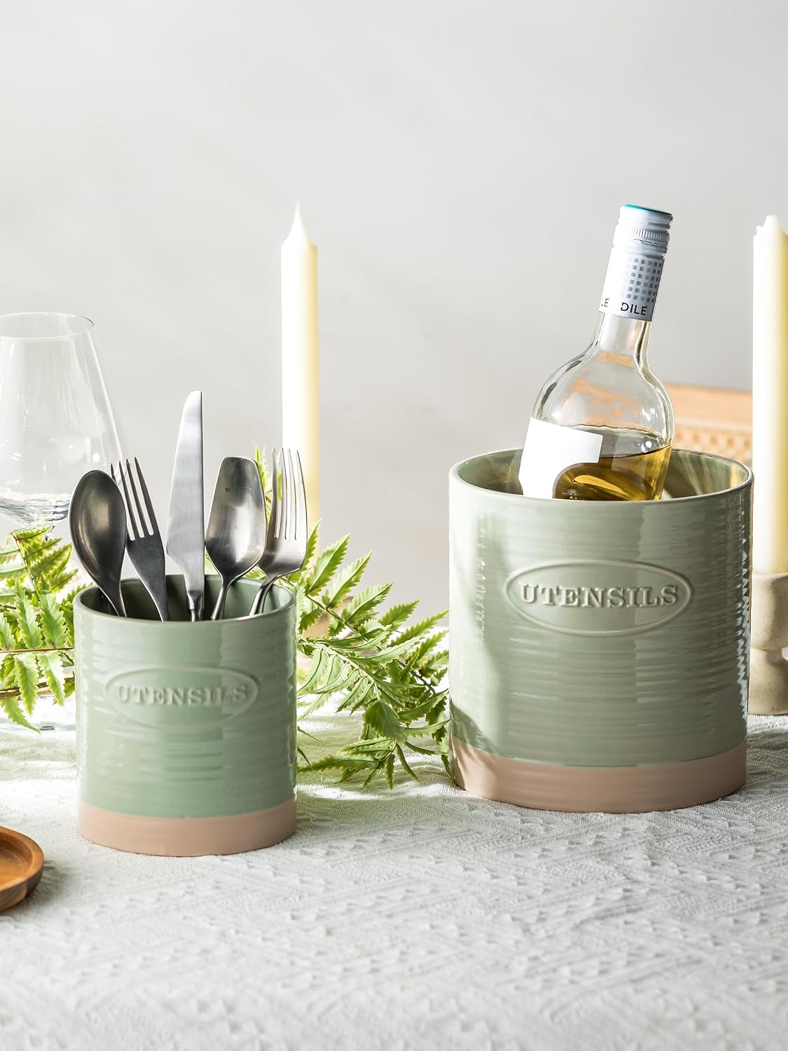 Kitchen Utensil Holder, Ceramic Utensil Holder for Kitchen Counter | 6.7" Large Cooking Utensil Crock for Spatulas,Spoons, Farmhouse Utensil Organizer Storage, Oval Opening, Two-Tone, Green