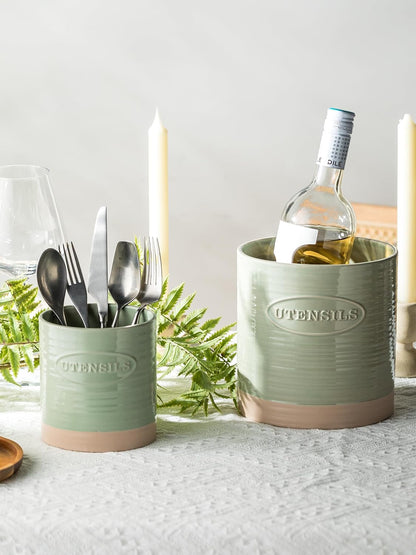 Kitchen Utensil Holder, Ceramic Utensil Holder for Kitchen Counter | 6.7" Large Cooking Utensil Crock for Spatulas,Spoons, Farmhouse Utensil Organizer Storage, Oval Opening, Two-Tone, Green