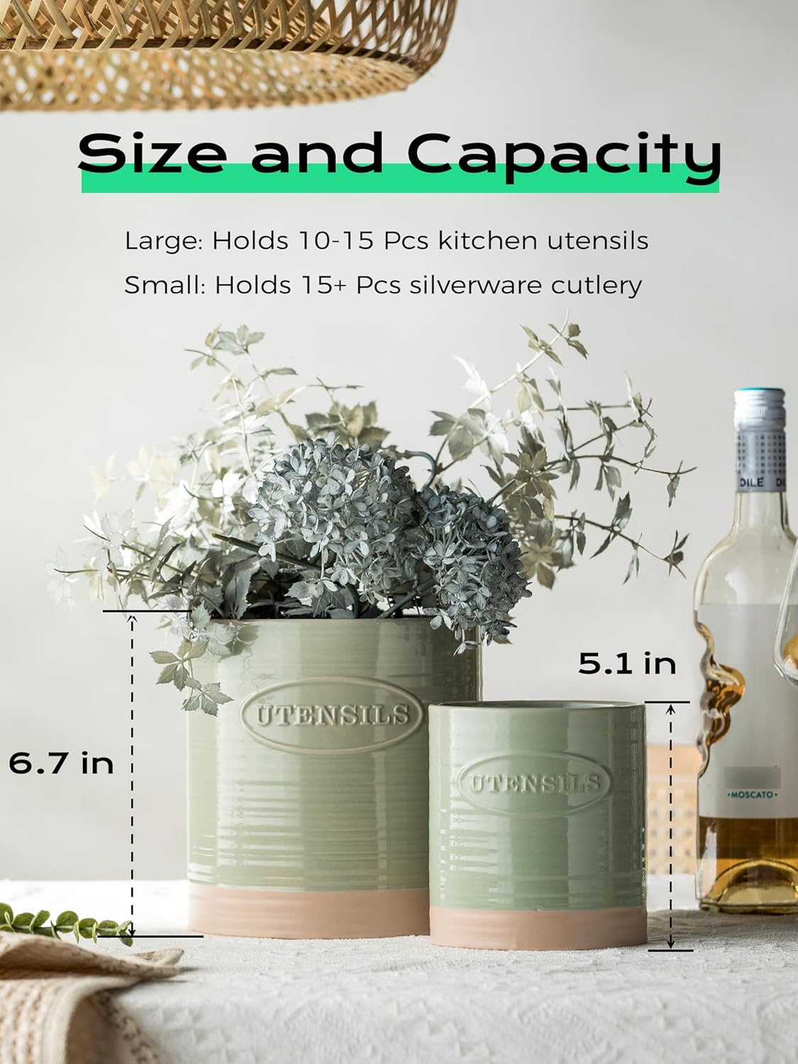 Kitchen Utensil Holder, Ceramic Utensil Holder for Kitchen Counter | 6.7" Large Cooking Utensil Crock for Spatulas,Spoons, Farmhouse Utensil Organizer Storage, Oval Opening, Two-Tone, Green
