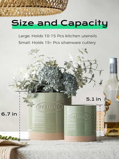 Kitchen Utensil Holder, Ceramic Utensil Holder for Kitchen Counter | 6.7" Large Cooking Utensil Crock for Spatulas,Spoons, Farmhouse Utensil Organizer Storage, Oval Opening, Two-Tone, Green