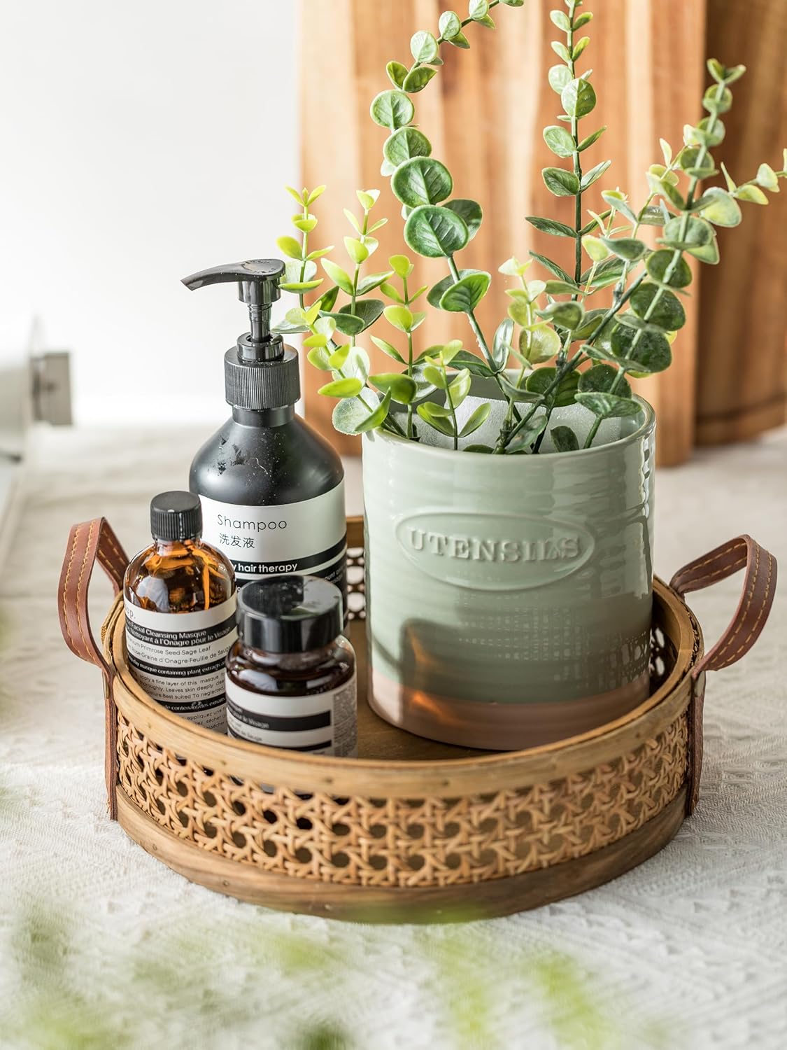 Kitchen Utensil Holder, Ceramic Utensil Holder for Kitchen Counter | 6.7" Large Cooking Utensil Crock for Spatulas,Spoons, Farmhouse Utensil Organizer Storage, Oval Opening, Two-Tone, Green