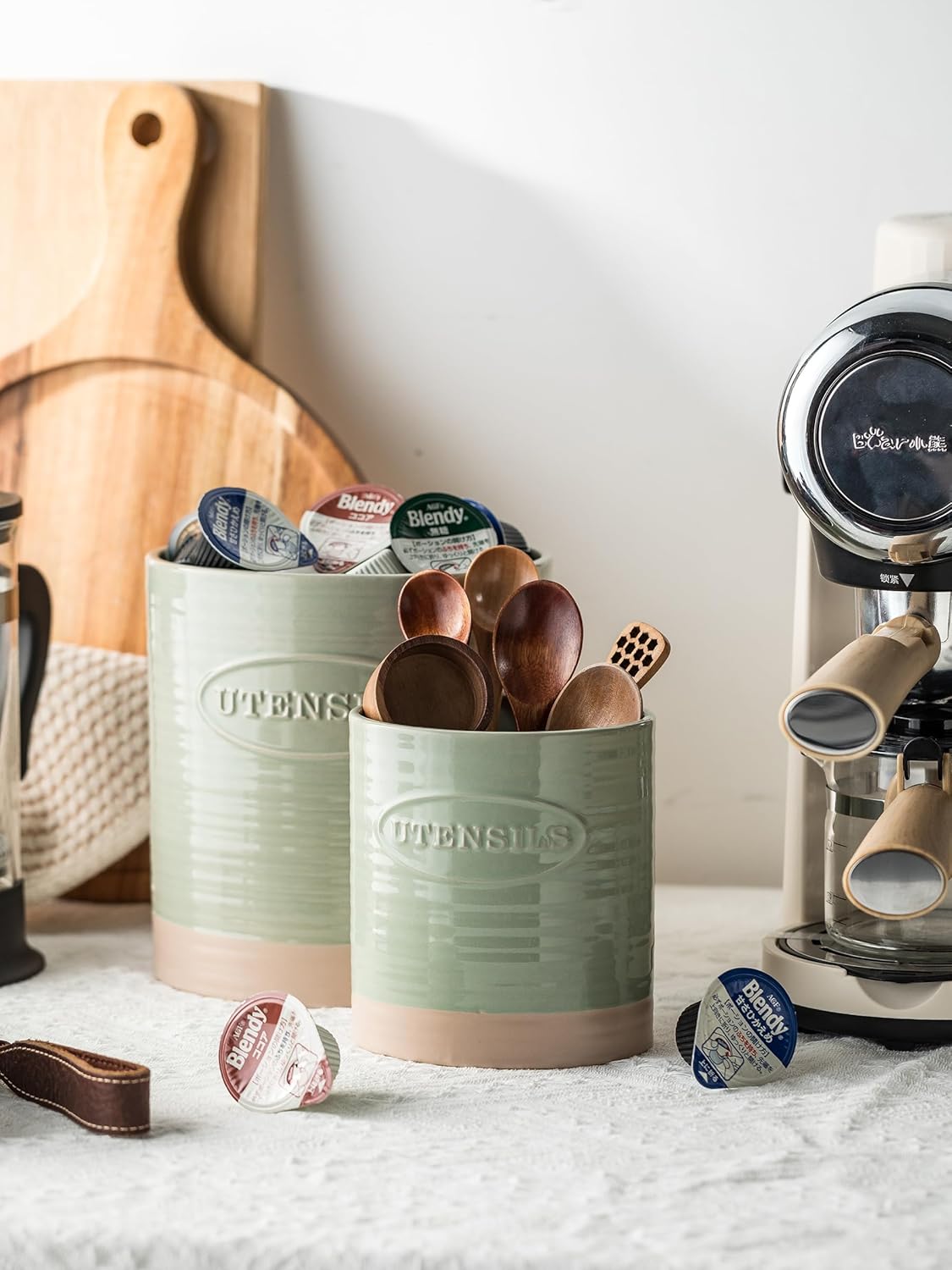 Kitchen Utensil Holder, Ceramic Utensil Holder for Kitchen Counter | 6.7" Large Cooking Utensil Crock for Spatulas,Spoons, Farmhouse Utensil Organizer Storage, Oval Opening, Two-Tone, Green