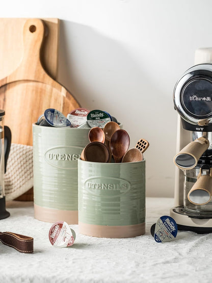 Kitchen Utensil Holder, Ceramic Utensil Holder for Kitchen Counter | 6.7" Large Cooking Utensil Crock for Spatulas,Spoons, Farmhouse Utensil Organizer Storage, Oval Opening, Two-Tone, Green
