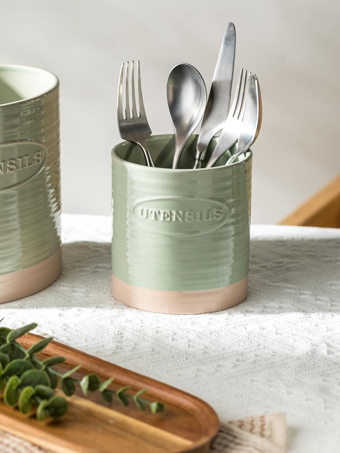 Kitchen Utensil Holder, Ceramic Utensil Holder for Kitchen Counter | 6.7" Large Cooking Utensil Crock for Spatulas,Spoons, Farmhouse Utensil Organizer Storage, Oval Opening, Two-Tone, Green