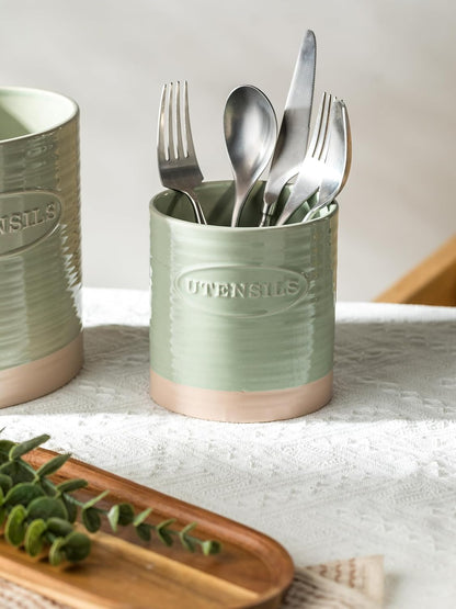 Kitchen Utensil Holder, Ceramic Utensil Holder for Kitchen Counter | 6.7" Large Cooking Utensil Crock for Spatulas,Spoons, Farmhouse Utensil Organizer Storage, Oval Opening, Two-Tone, Green