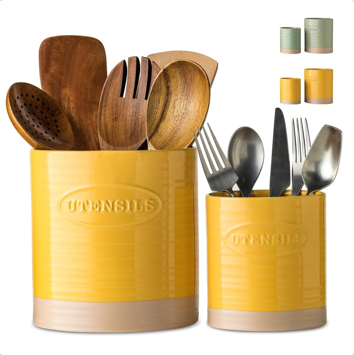 Kitchen Utensil Holder, Ceramic Utensil Holder for Kitchen Counter | 6.7" Large Cooking Utensil Crock for Spatulas,Spoons, Farmhouse Utensil Organizer Storage, Oval Opening, Two-Tone, Green