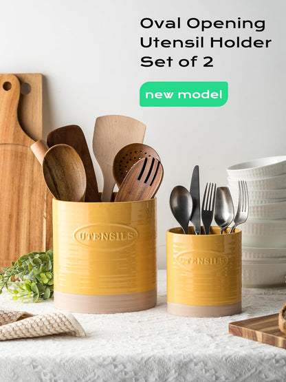 Kitchen Utensil Holder, Ceramic Utensil Holder for Kitchen Counter | 6.7" Large Cooking Utensil Crock for Spatulas,Spoons, Farmhouse Utensil Organizer Storage, Oval Opening, Two-Tone, Green