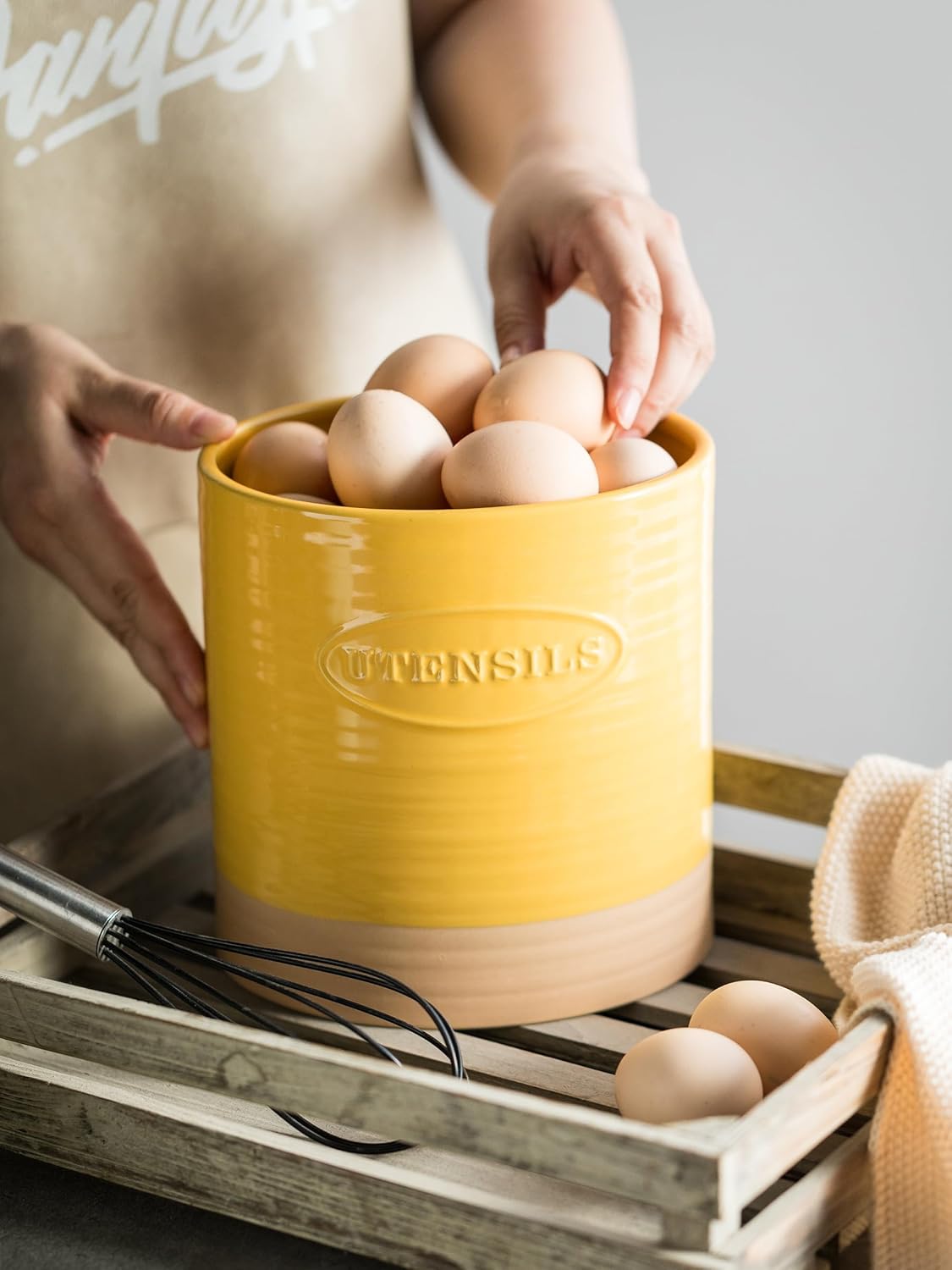 Kitchen Utensil Holder, Ceramic Utensil Holder for Kitchen Counter | 6.7" Large Cooking Utensil Crock for Spatulas,Spoons, Farmhouse Utensil Organizer Storage, Oval Opening, Two-Tone, Green