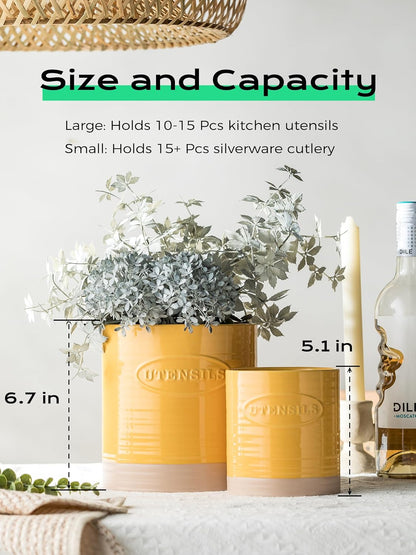 Kitchen Utensil Holder, Ceramic Utensil Holder for Kitchen Counter | 6.7" Large Cooking Utensil Crock for Spatulas,Spoons, Farmhouse Utensil Organizer Storage, Oval Opening, Two-Tone, Green