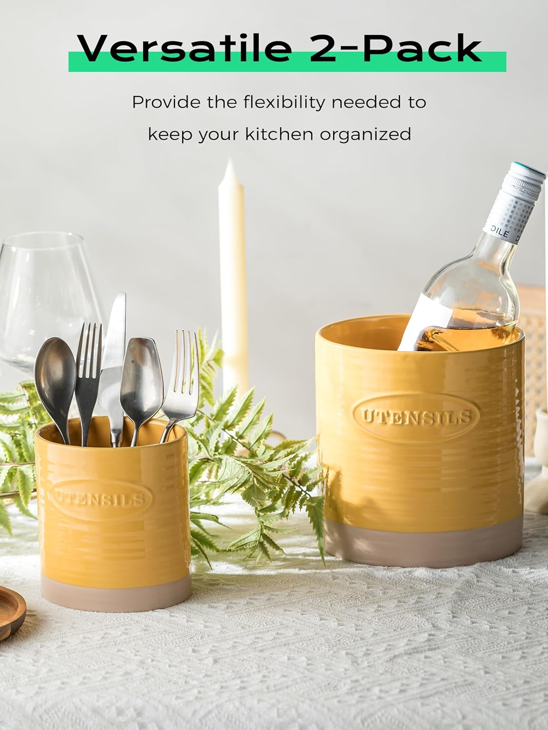 Kitchen Utensil Holder, Ceramic Utensil Holder for Kitchen Counter | 6.7" Large Cooking Utensil Crock for Spatulas,Spoons, Farmhouse Utensil Organizer Storage, Oval Opening, Two-Tone, Green