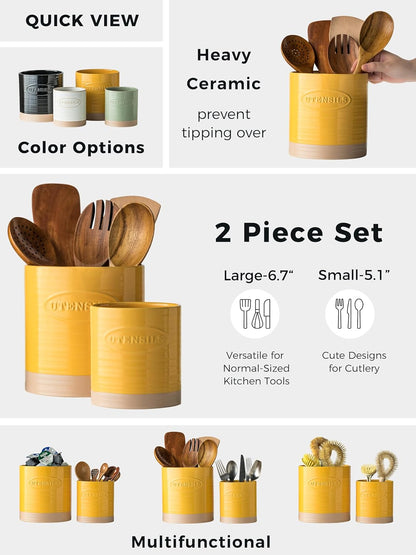 Kitchen Utensil Holder, Ceramic Utensil Holder for Kitchen Counter | 6.7" Large Cooking Utensil Crock for Spatulas,Spoons, Farmhouse Utensil Organizer Storage, Oval Opening, Two-Tone, Green