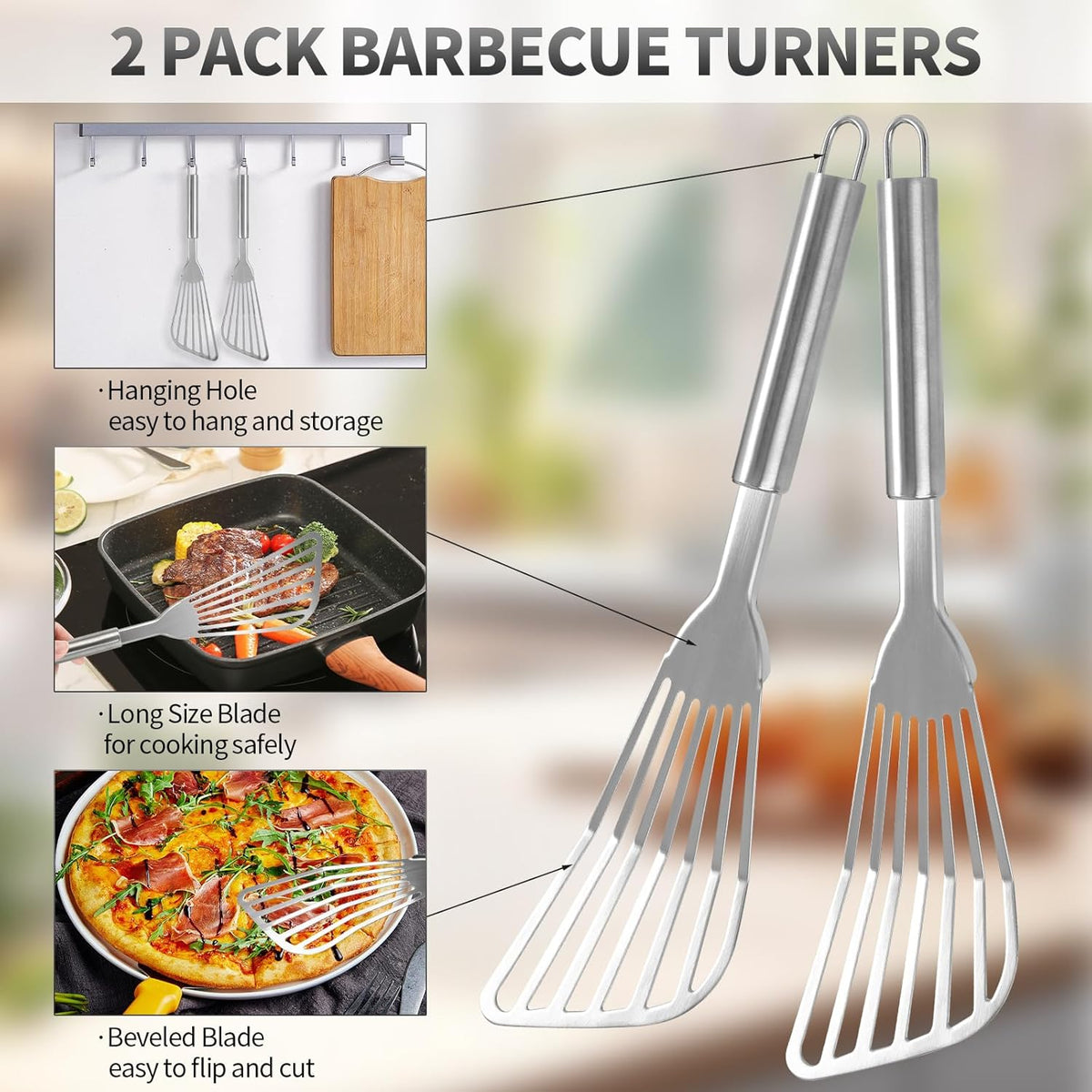 2Pack Fish Spatula Stainless Steel,Premium Fish Turner Spatula,Flexible Barbecue Turner,Metal Slotted Spatula For Flipping Fish Egg Patties Fries Pancake Steak