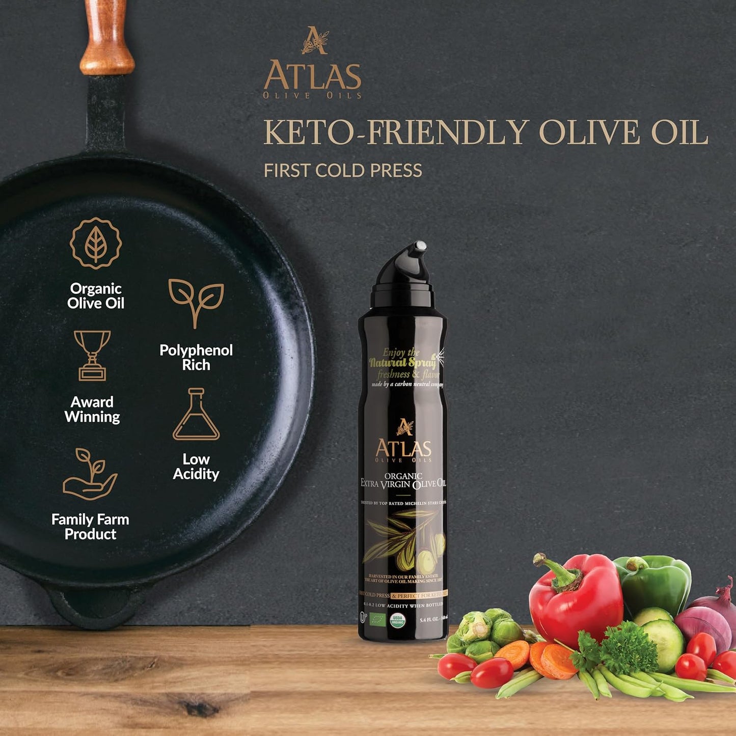 Olive Oil Spray by Atlas, Dual Function Olive Oil Cooking Spray and Stream, 5.4 fl oz, 3 Pack, Extra Virgin, Non Stick, Cold Pressed, Polyphenol Rich, Organic Moroccan EVOO, Hydroxytyrosol, Keto