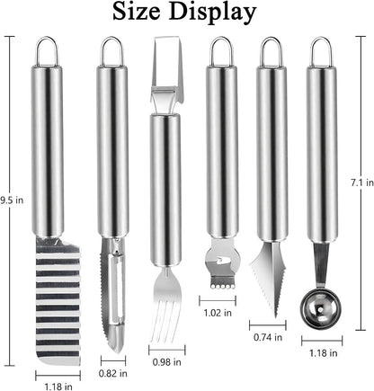 5 Pcs Stainless Steel Fruit Carving Knife Set, Kitchen Fruit Carving Knife, Watermelon and Ice Cream Scoop, 2-in-1 Dig Pulp Separator Fruit Peeling Tool, Crinkle Knife and Lemon Zester Grater