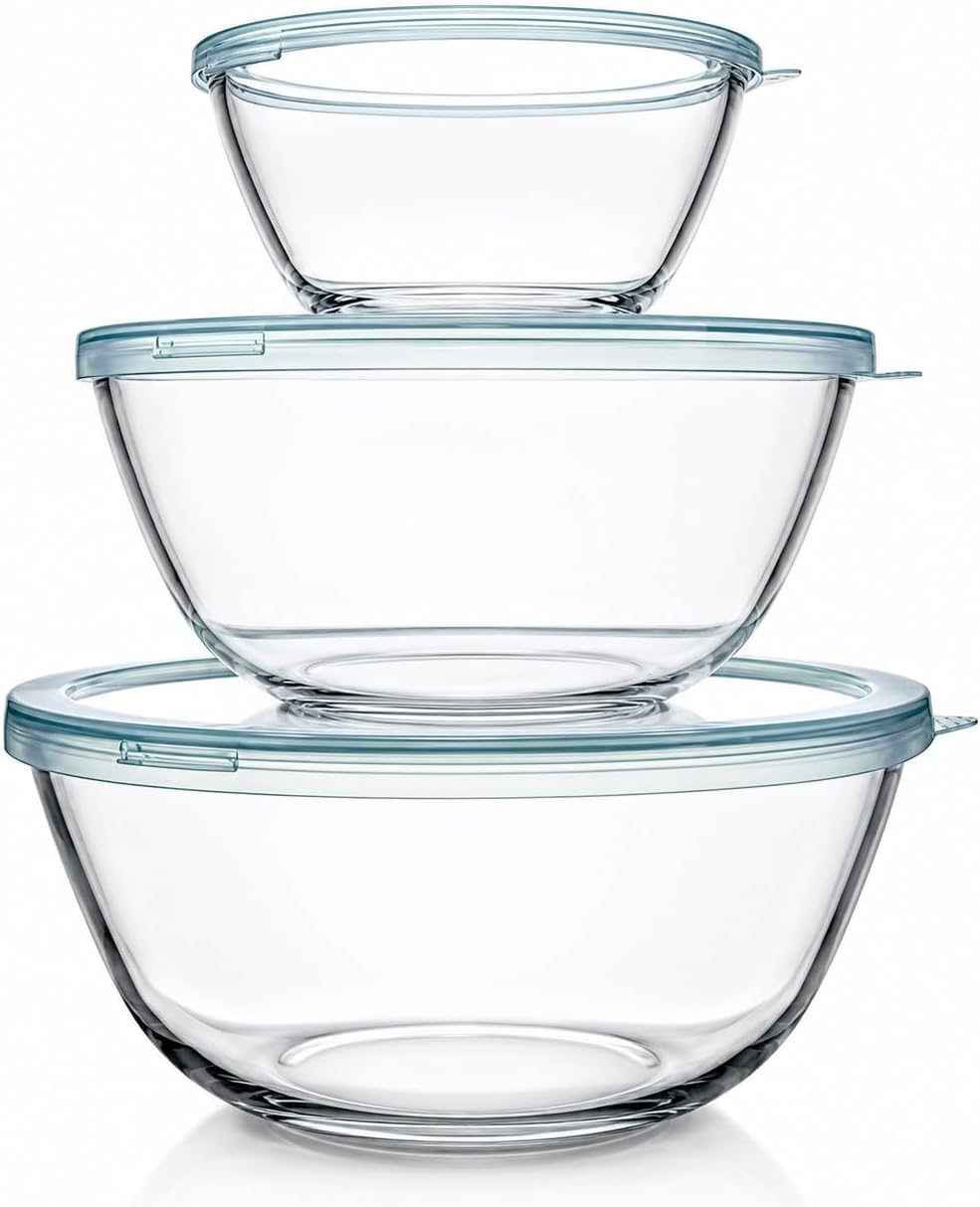 Glass Mixing Bowls with Lids Set(4.5QT, 2.7QT, 1.1QT)-Large Glass Mixing Bowls, Clear Salad Bowl for Baking, Cooking, Serving, Food Prep, 3PC Nesting Bowls for Kitchen Storage & Dishwasher Safe