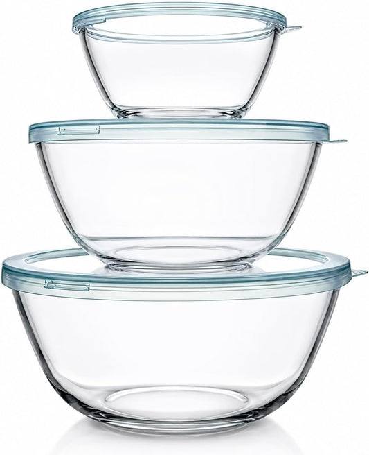 Glass Mixing Bowls with Lids Set(4.5QT, 2.7QT, 1.1QT)-Large Glass Mixing Bowls, Clear Salad Bowl for Baking, Cooking, Serving, Food Prep, 3PC Nesting Bowls for Kitchen Storage & Dishwasher Safe