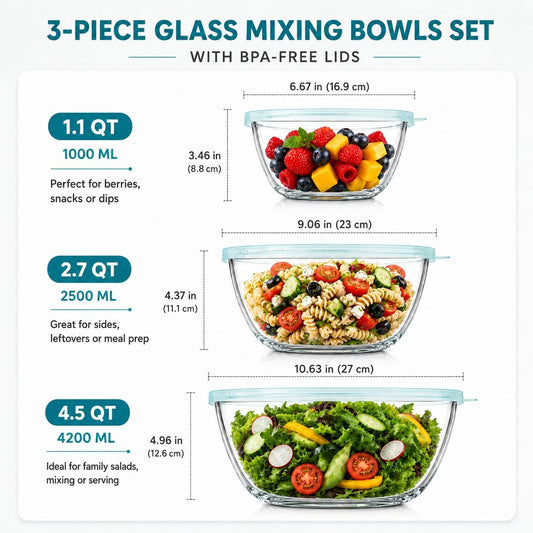 Glass Mixing Bowls with Lids Set(4.5QT, 2.7QT, 1.1QT)-Large Glass Mixing Bowls, Clear Salad Bowl for Baking, Cooking, Serving, Food Prep, 3PC Nesting Bowls for Kitchen Storage & Dishwasher Safe