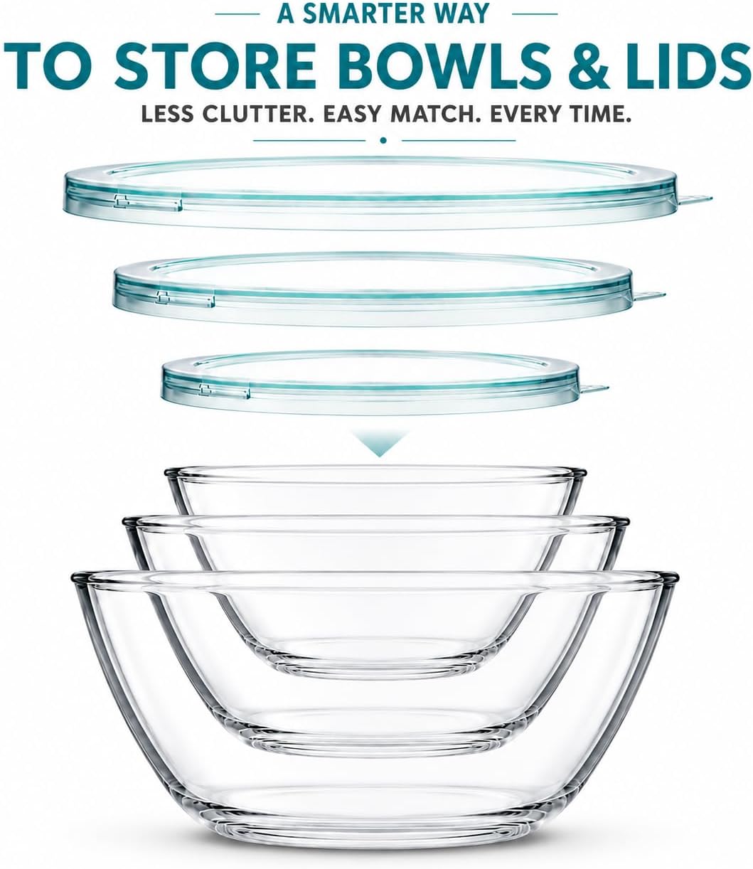 Glass Mixing Bowls with Lids Set(4.5QT, 2.7QT, 1.1QT)-Large Glass Mixing Bowls, Clear Salad Bowl for Baking, Cooking, Serving, Food Prep, 3PC Nesting Bowls for Kitchen Storage & Dishwasher Safe