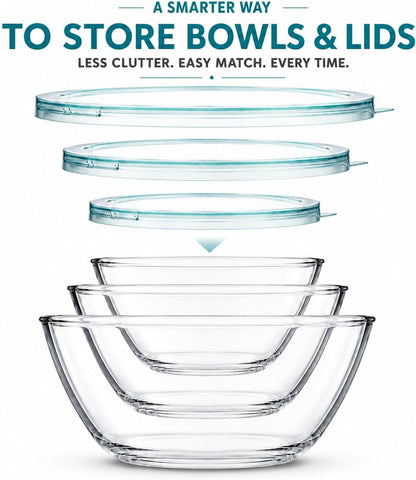 Glass Mixing Bowls with Lids Set(4.5QT, 2.7QT, 1.1QT)-Large Glass Mixing Bowls, Clear Salad Bowl for Baking, Cooking, Serving, Food Prep, 3PC Nesting Bowls for Kitchen Storage & Dishwasher Safe