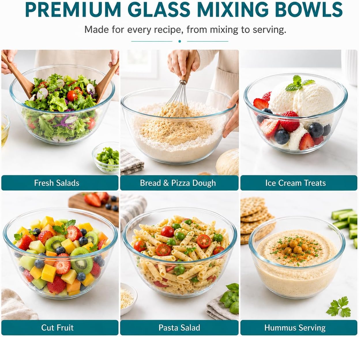 Glass Mixing Bowls with Lids Set(4.5QT, 2.7QT, 1.1QT)-Large Glass Mixing Bowls, Clear Salad Bowl for Baking, Cooking, Serving, Food Prep, 3PC Nesting Bowls for Kitchen Storage & Dishwasher Safe
