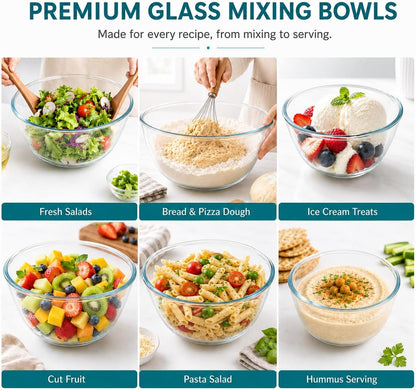 Glass Mixing Bowls with Lids Set(4.5QT, 2.7QT, 1.1QT)-Large Glass Mixing Bowls, Clear Salad Bowl for Baking, Cooking, Serving, Food Prep, 3PC Nesting Bowls for Kitchen Storage & Dishwasher Safe