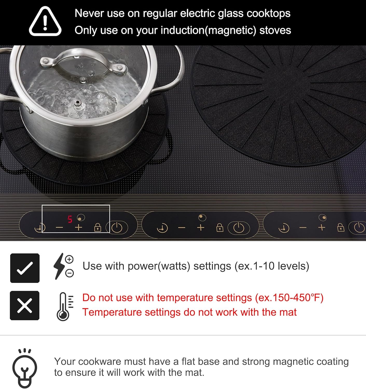 Induction Cooktop Mat - Silicone Fiberglass Scratch Protector - for Magnetic Stove - Non Slip Pads to Prevent Pots from Sliding During Cooking_ Black (7.8inches)