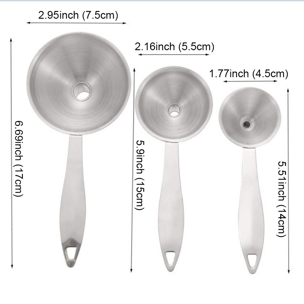 Metal Stainless Steel Funnel, Large Medium Small Funnel Set of 3, Food Grade Mini Kitchen Funnels for Transferring Essential Oils, Liquid, Fluid, Small Funnels for Filling Bottles Flask Cooking