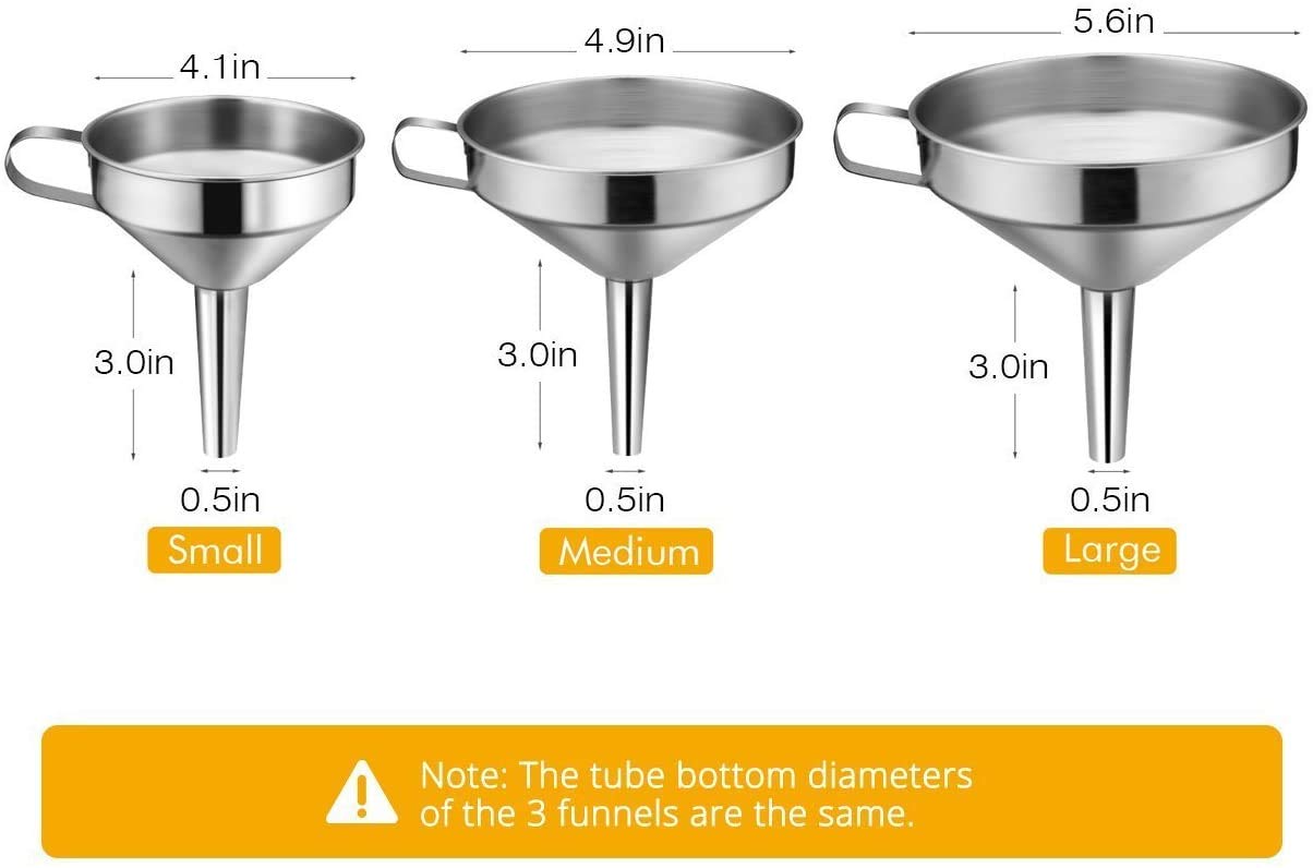 Metal Stainless Steel Funnel, Large Medium Small Funnel Set of 3, Food Grade Mini Kitchen Funnels for Transferring Essential Oils, Liquid, Fluid, Small Funnels for Filling Bottles Flask Cooking