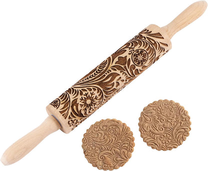 Embossed Wooden Rolling Pin for Baking, Deep Engraved Embossing Rolling Pin with Christmas Snowflake Flower Design for Baking Embossed Cookies,Cute Kitchen Decor DIY Tool for Adults