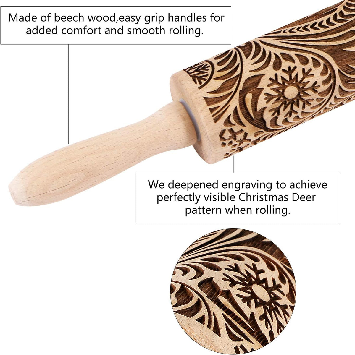 Embossed Wooden Rolling Pin for Baking, Deep Engraved Embossing Rolling Pin with Christmas Snowflake Flower Design for Baking Embossed Cookies,Cute Kitchen Decor DIY Tool for Adults