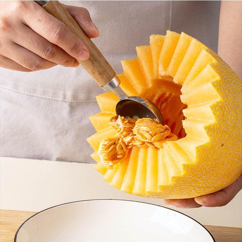 Double Melon Baller Wood Handle,Melon Baller Silver for fruit and veggie prep,Edges are sharp enough to scoop fruit but safe to touch,Soft, comfortable, non-slip handle, 9 In (Brown)