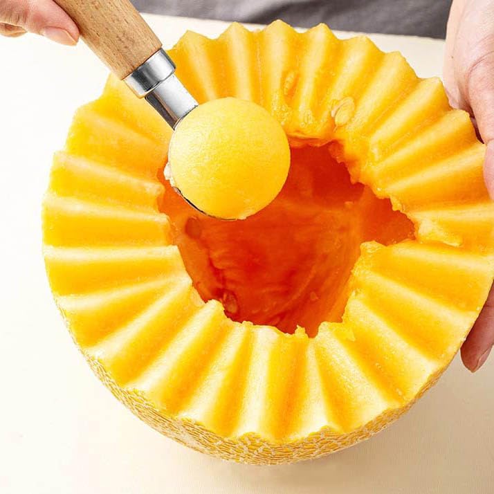 Double Melon Baller Wood Handle,Melon Baller Silver for fruit and veggie prep,Edges are sharp enough to scoop fruit but safe to touch,Soft, comfortable, non-slip handle, 9 In (Brown)