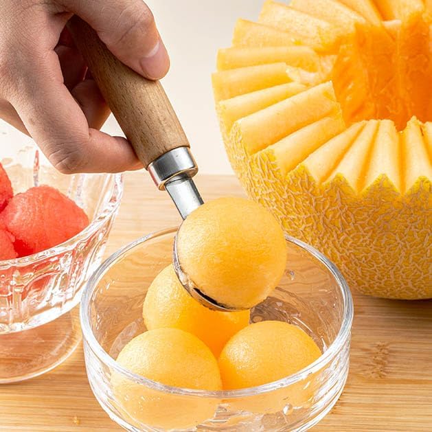 Double Melon Baller Wood Handle,Melon Baller Silver for fruit and veggie prep,Edges are sharp enough to scoop fruit but safe to touch,Soft, comfortable, non-slip handle, 9 In (Brown)