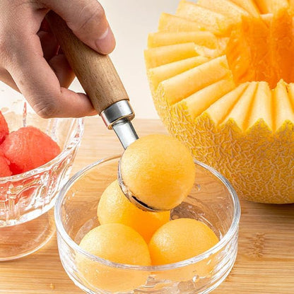 Double Melon Baller Wood Handle,Melon Baller Silver for fruit and veggie prep,Edges are sharp enough to scoop fruit but safe to touch,Soft, comfortable, non-slip handle, 9 In (Brown)