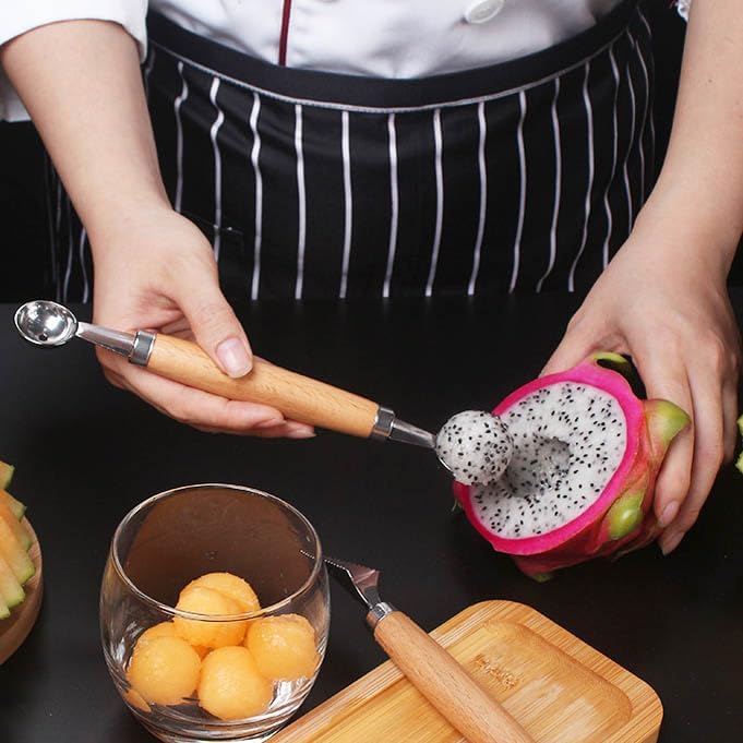 Double Melon Baller Wood Handle,Melon Baller Silver for fruit and veggie prep,Edges are sharp enough to scoop fruit but safe to touch,Soft, comfortable, non-slip handle, 9 In (Brown)